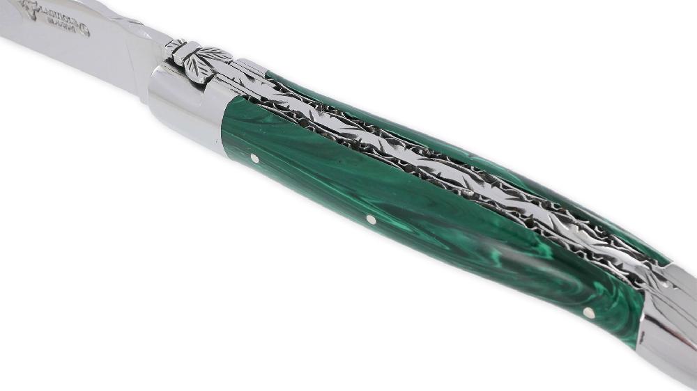 Laguiole Couteau Laguiole En Aubrac 1 Pièce 12cm Manche En Pierre Malachite 2 Mitres Inox Brillant Double Platines Et Ressort Guillochés Finition Brillante