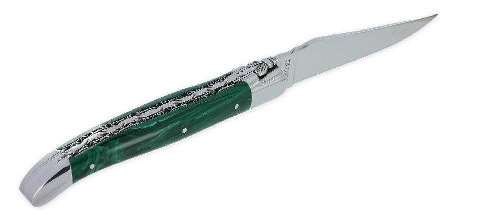 Laguiole Couteau Laguiole En Aubrac 1 Pièce 12cm Manche En Pierre Malachite 2 Mitres Inox Brillant Double Platines Et Ressort Guillochés Finition Brillante