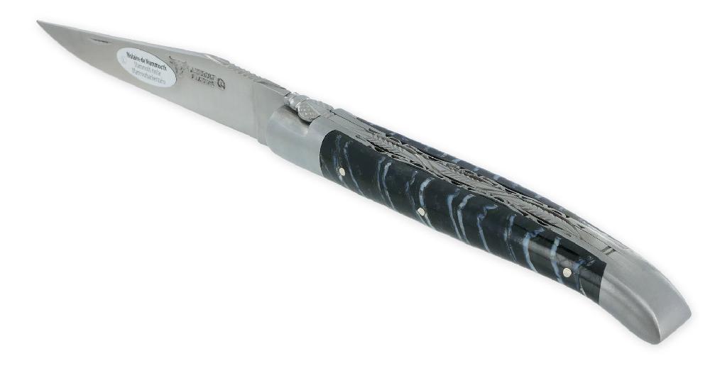 laguiole Couteau Laguiole en Aubrac 1 pièce 12cm Manche Molaire de Mammouth Bleu 2 Mitres Inox Brossé Double Platines et Ressort Guillochés Finition brossée