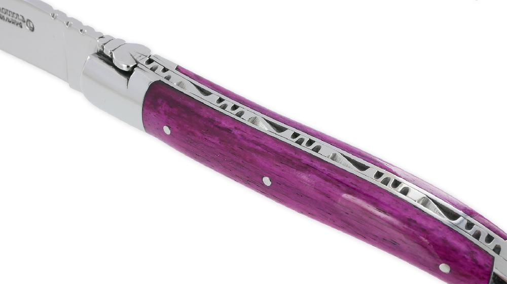 Laguiole Couteau Laguiole En Aubrac 1 Piece 12cm Manche Os De Chameau Teinté Rose 2 Mitres Inox Brillant