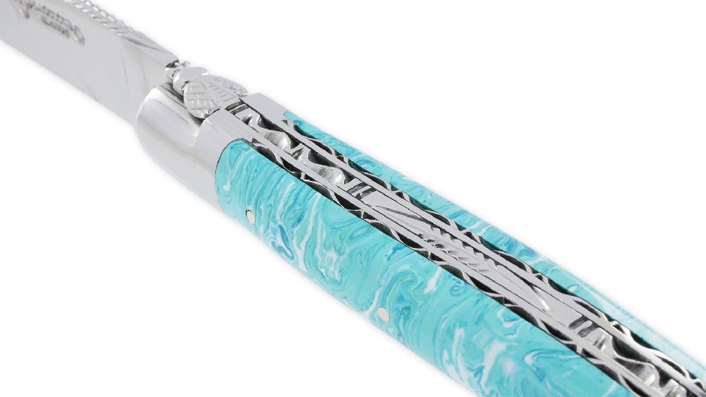 Laguiole Couteau Laguiole En Aubrac 1 Pièce 12cm Manche Pierre Larimar 2 Mitres Inox Brillant Double Platines Et Ressort Guillochés Finition Brillante