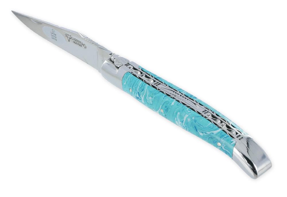 Laguiole Couteau Laguiole En Aubrac 1 Pièce 12cm Manche Pierre Larimar 2 Mitres Inox Brillant Double Platines Et Ressort Guillochés Finition Brillante