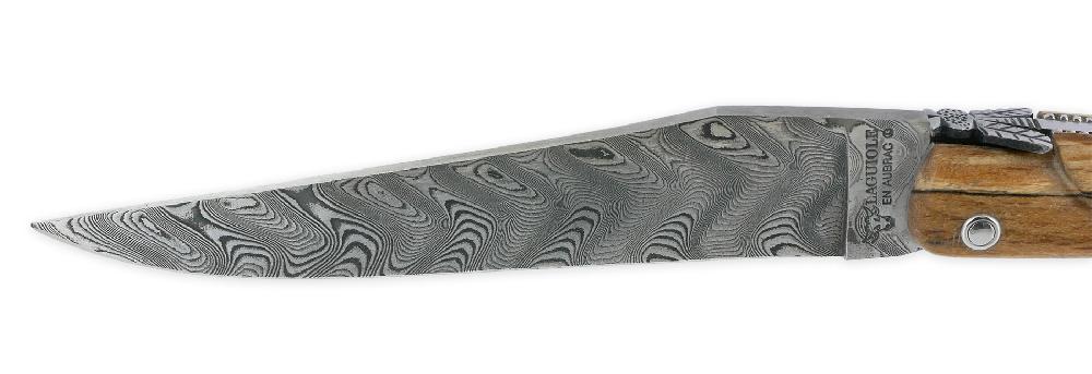 Laguiole Couteau Laguiole En Aubrac 1 Pièce 12cm Plein Manche En Bois D’Aubrac Platines Perlées Ressort Guilloché Lame Damas Balbach Mouche Prestige N°12