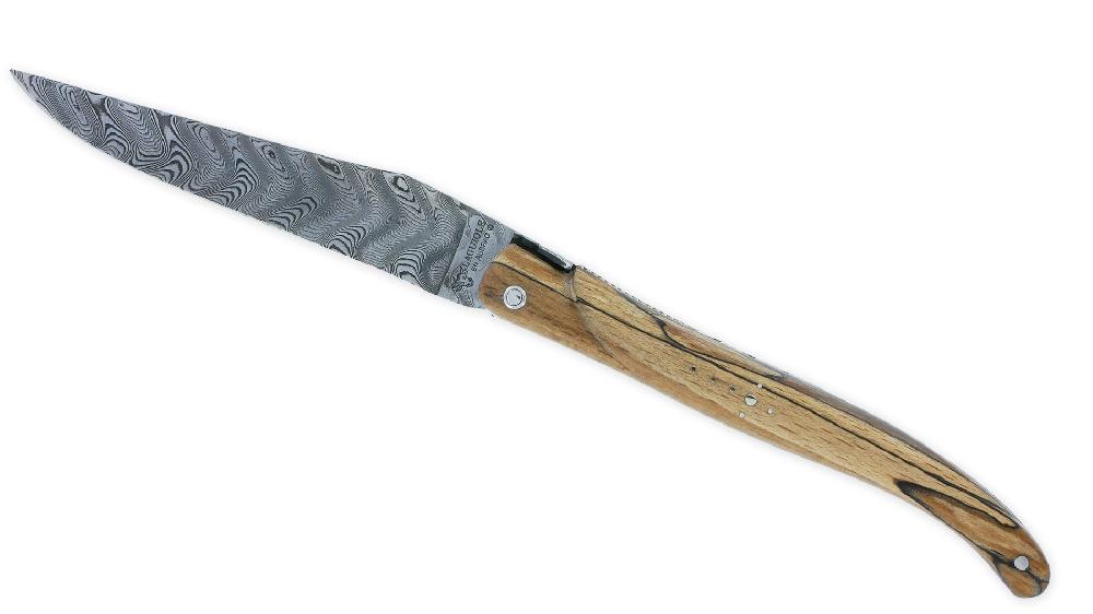 laguiole Couteau Laguiole en Aubrac 1 pièce 12cm Plein Manche en Bois d’Aubrac Platines Perlées Ressort Guilloché Lame Damas Balbach Mouche Prestige N°12