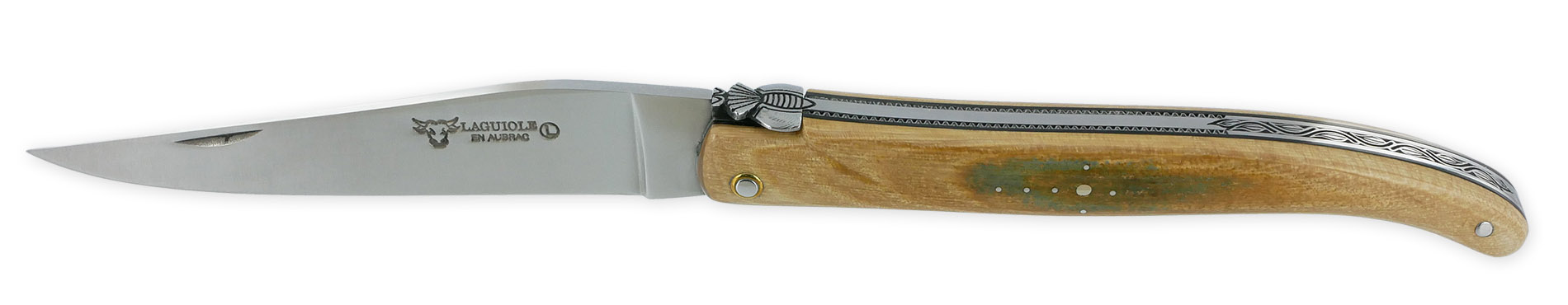 Laguiole Couteau Laguiole En Aubrac 1 Pièce 12cm Plein Manche En Croute D’Ivoire De Mammouth Bleutée Platines Guillochées Entretoises Noires Ressort Guilloché Mouche Prestige Finition Brossée