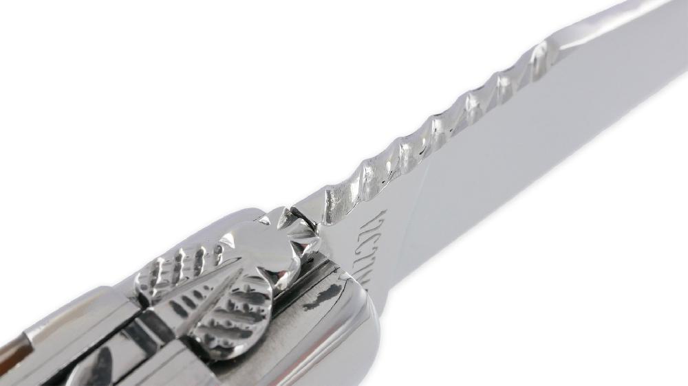 Laguiole Couteau Laguiole En Aubrac 1 Pièce 12cm Pointe De Corne 2 Mitres Inox Brillant Double Platines Et Ressort Spirale Guillochés Finition Brillante NUM5