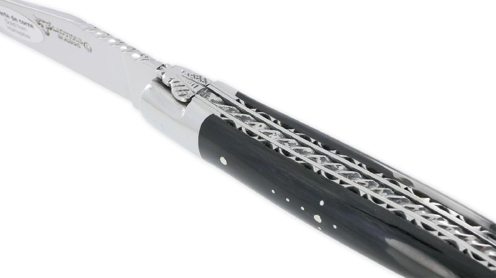 Laguiole Couteau Laguiole En Aubrac 1 Pièce 12cm Pointe De Corne Foncée 2 Mitres Inox Brillant Double Platines Et Ressort Spiral Guillochés Finition Brillante