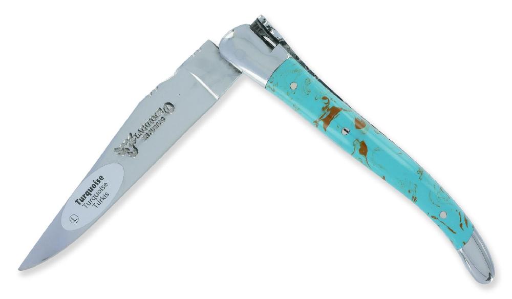 laguiole Couteau Laguiole en Aubrac 1 pièce Manche Turquoise 2 Mitres Inox brillant 10cm