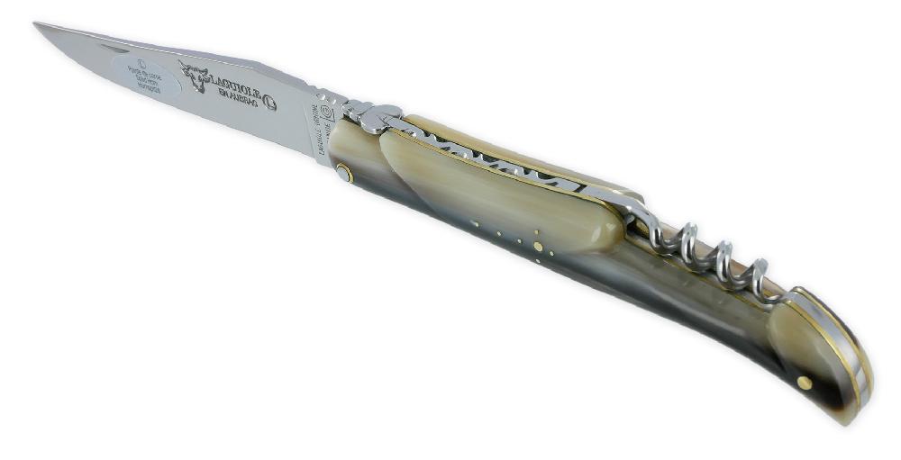 Laguiole Couteau Laguiole En Aubrac 2 Pièces 12 Cm Plein Manche Pointe De Corne Avec Tire Bouchon Platines Et Rivets Laiton