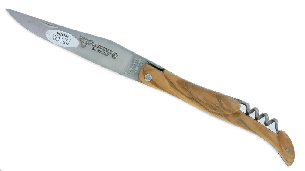 laguiole Couteau Laguiole en Aubrac 2 Pièces 12 cm Plein Manche Olivier Finition Brossée avec Tire Bouchon
