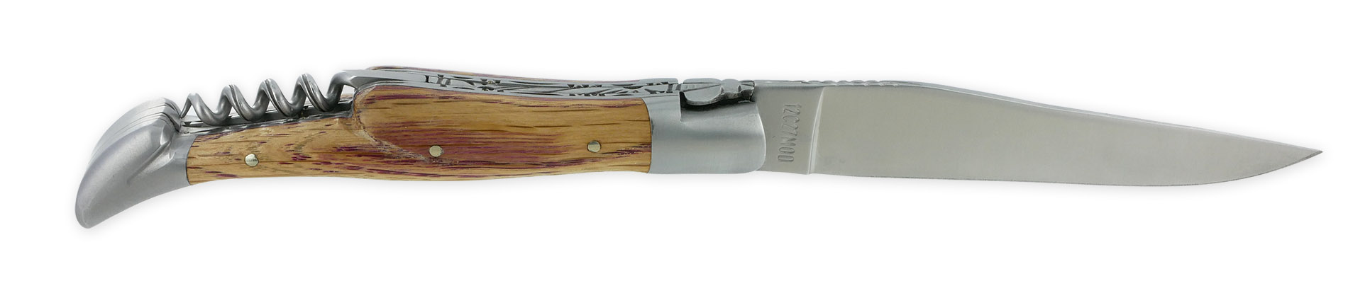 Laguiole Couteau Laguiole En Aubrac 2 Pièces Double Platines Et Ressort Guillochés à La Main 12cm Tire-Bouchon Manche Bois De Barrique 2 Mitres Inox Brossé