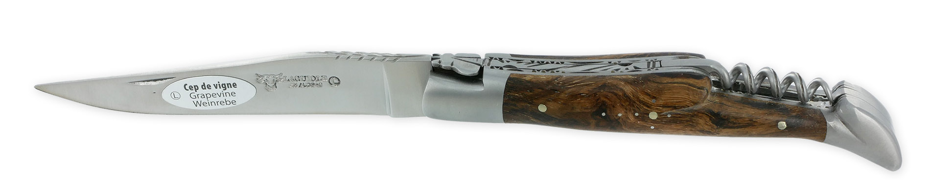 Laguiole Couteau Laguiole En Aubrac 2 Pièces Double Platines Et Ressort Guillochés à La Main 12cm Tire-Bouchon Manche En Cep De Vigne 2 Mitres Inox Brossé