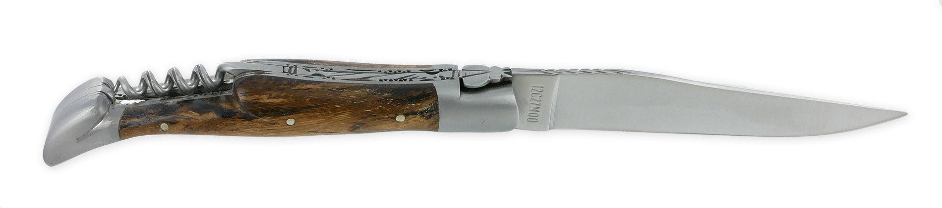 Laguiole Couteau Laguiole En Aubrac 2 Pièces Double Platines Et Ressort Guillochés à La Main 12cm Tire-Bouchon Manche En Cep De Vigne 2 Mitres Inox Brossé