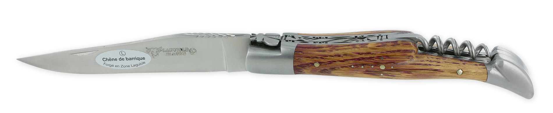 Laguiole Couteau Laguiole En Aubrac 2 Pièces Double Platines Et Ressort Guillochés à La Main 12cm Tire-Bouchon Manche Bois De Barrique 2 Mitres Inox Brossé