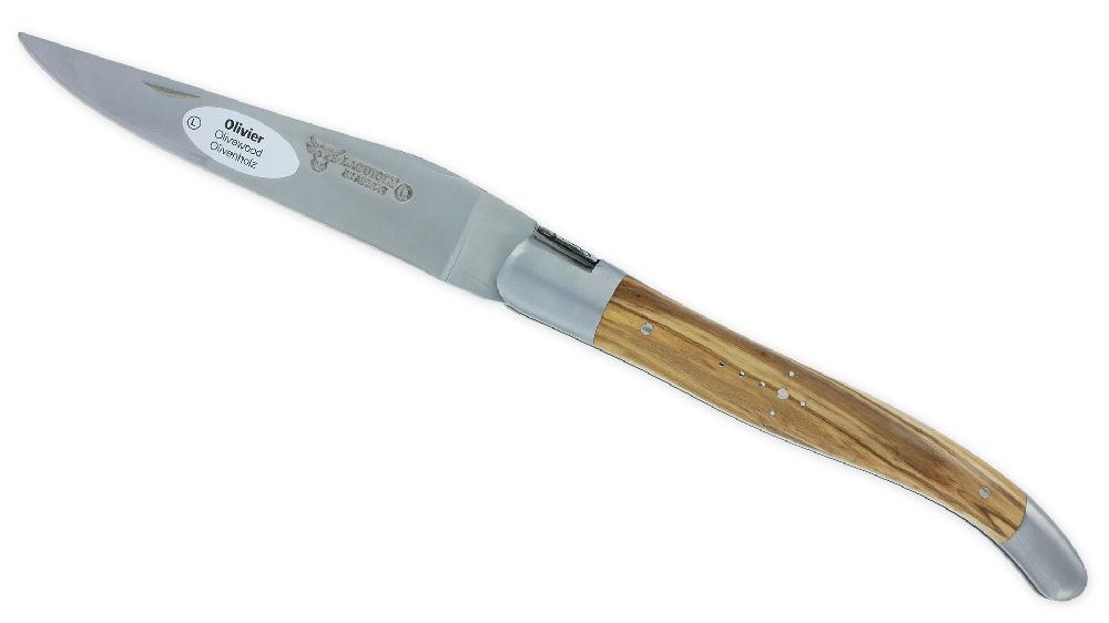 laguiole Couteau Laguiole en Aubrac L’Elégant 1 pièce 12cm Manche Olivier 2 Mitres Inox Brossé Ressort guilloché feuillage Mouche Prestige