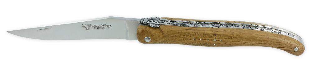 Laguiole Couteau Laguiole En Aubrac Prestige 1 Pièce 12 Cm Double Platines Et Ressort Guillochés Manche En Chêne Royal Finition Brossée Mouche Prestige PIECE UNIQUE