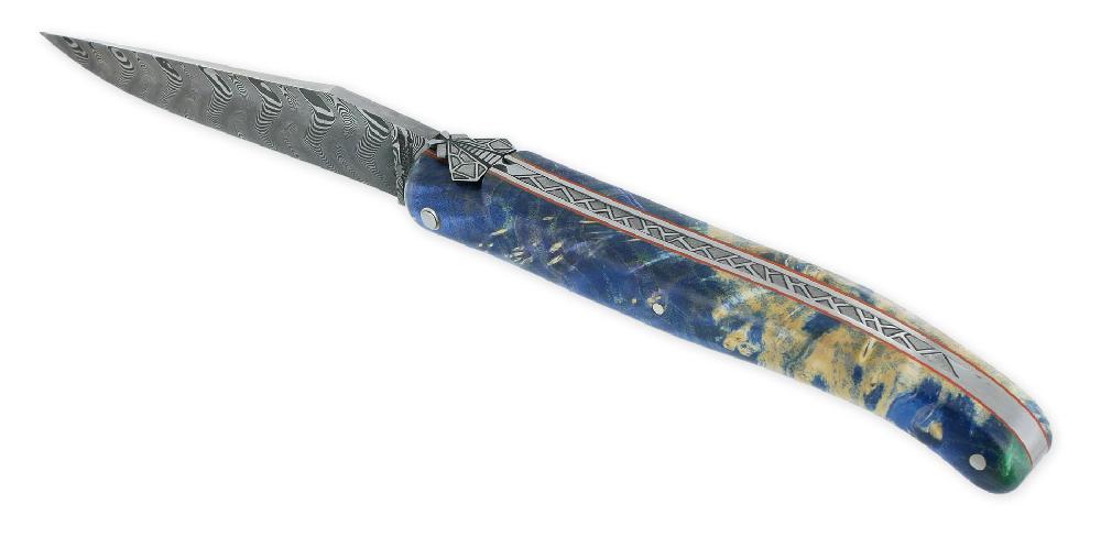 laguiole Couteau Laguiole en Aubrac Prestige 1 Pièce 12 cm Ressort guilloché Manche en Loupe de Sureau Bleu Finition brossée Mouche Prestige Lame Damas PIECE UNIQUE