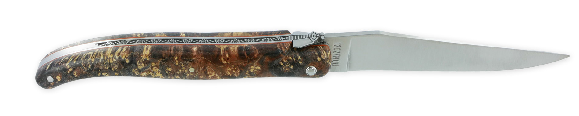 Laguiole Couteau Laguiole En Aubrac Prestige 1 Pièce 12 Cm Ressort Guilloché Manche En Loupe De Sureau Marron Finition Brossée Mouche Prestige PIECE UNIQUE