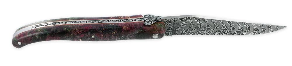 Laguiole Couteau Laguiole En Aubrac Prestige 1 Pièce 12 Cm Ressort Guilloché Manche En Loupe De Sureau Violet Vert Finition Brossée Mouche Prestige Lame Damas PIECE UNIQUE