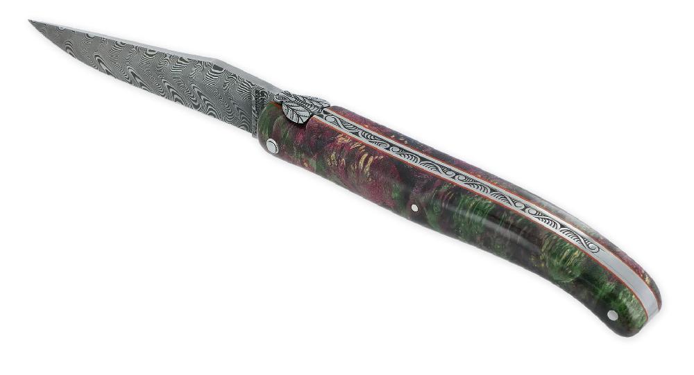 laguiole Couteau Laguiole en Aubrac Prestige 1 Pièce 12 cm Ressort guilloché Manche en Loupe de Sureau Violet Vert Finition brossée Mouche Prestige Lame Damas PIECE UNIQUE