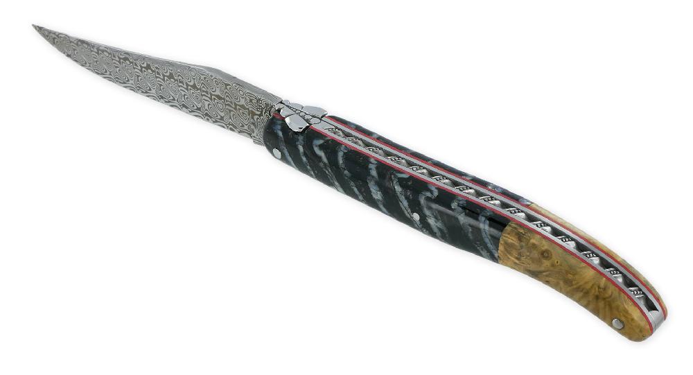 laguiole Couteau Laguiole Prestige Créateur 1 Pièce 12 cm 1 Mitre Arrière Buis Plein Manche en Molaire de Mammouth Mouche Prestige Stylisée gravée à la main Ressort Spirale Perlé Lame Damas Pièce Unique