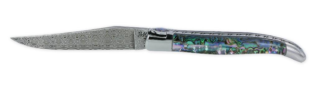 Laguiole Couteau Laguiole Prestige Créateur 1 Pièce 12 Cm 2 Mitres Manche En Nacre D’Abalone Sous Résine Transparente Mouche Prestige Stylisée Avec Incrustation Abalone Lame Damas Pièce Unique