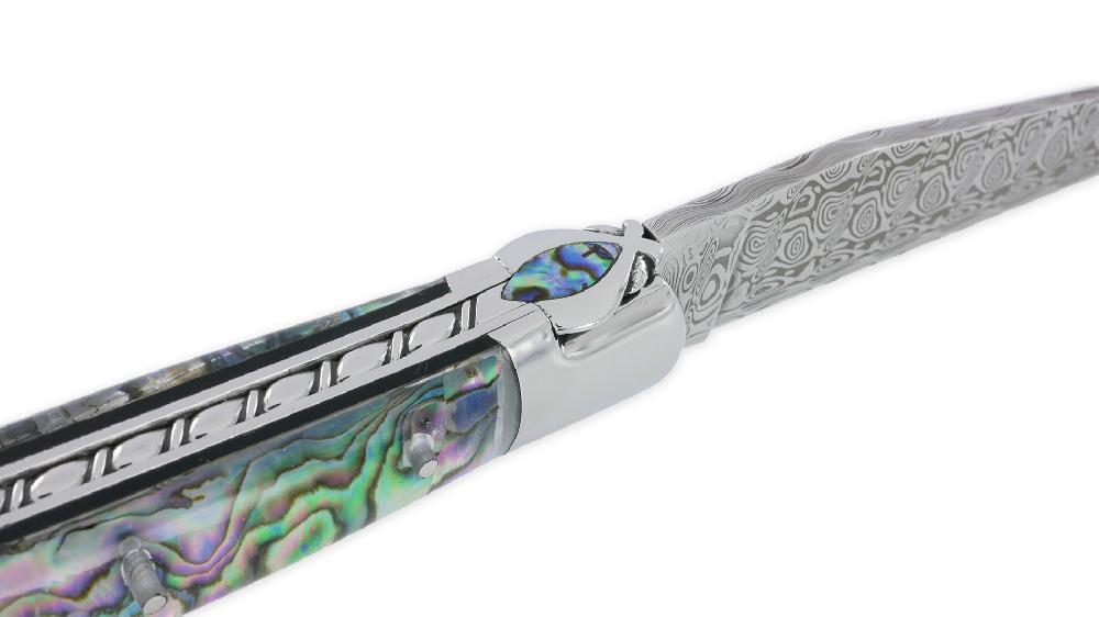 Laguiole Couteau Laguiole Prestige Créateur 1 Pièce 12 Cm 2 Mitres Manche En Nacre D’Abalone Sous Résine Transparente Mouche Prestige Stylisée Avec Incrustation Abalone Lame Damas Pièce Unique