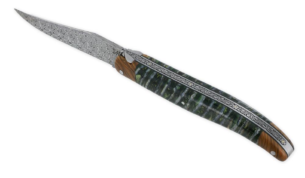 laguiole Couteau Laguiole Prestige Créateur 1 Pièce 12 cm 2 Mitres Olivier Manche en Molaire de Mammouth Mouche Prestige Stylisée gravée à la main Ressort ciselé Lame Damas Pièce Unique