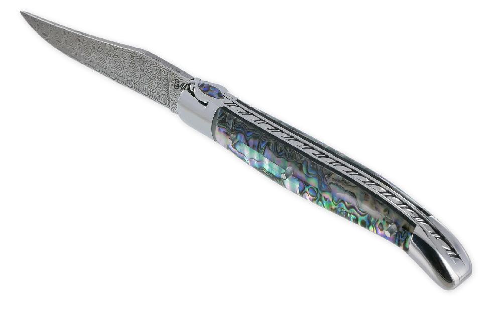 laguiole Couteau Laguiole Prestige Créateur 1 Pièce 12 cm 2 Mitres Manche en Nacre d’Abalone sous résine Transparente Mouche Prestige Stylisée avec incrustation Abalone Lame Damas Pièce Unique