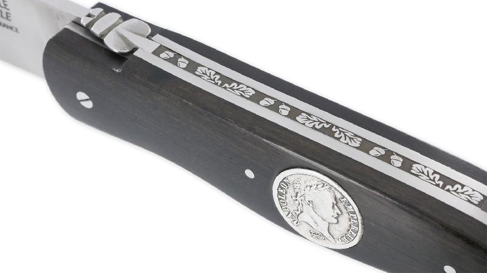 Laguiole Couteau Laguiole Prestige Créateur 1 Pièce 12 Cm Incrustation Monnaie Napoléon Argent Plein Manche En Ebène Ressort Guilloché Pièce Unique