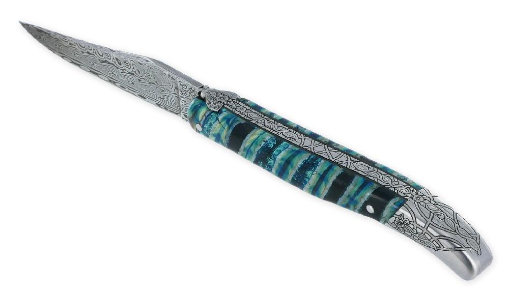 Laguiole Couteau Laguiole Prestige Créateur 1 Pièce 12 Cm Mitre Arrière Manche Molaire De Mammouth Turquoise Lame Damas Pièce Unique