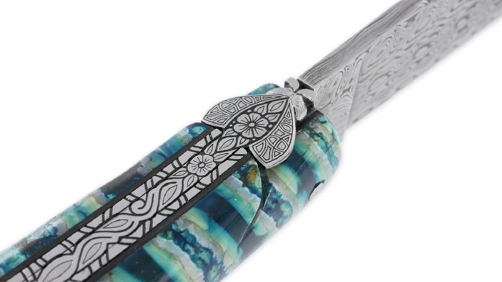 laguiole Couteau Laguiole Prestige Créateur 1 Pièce 12 cm Mitre Arrière Manche Molaire de Mammouth Turquoise Lame Damas Pièce Unique