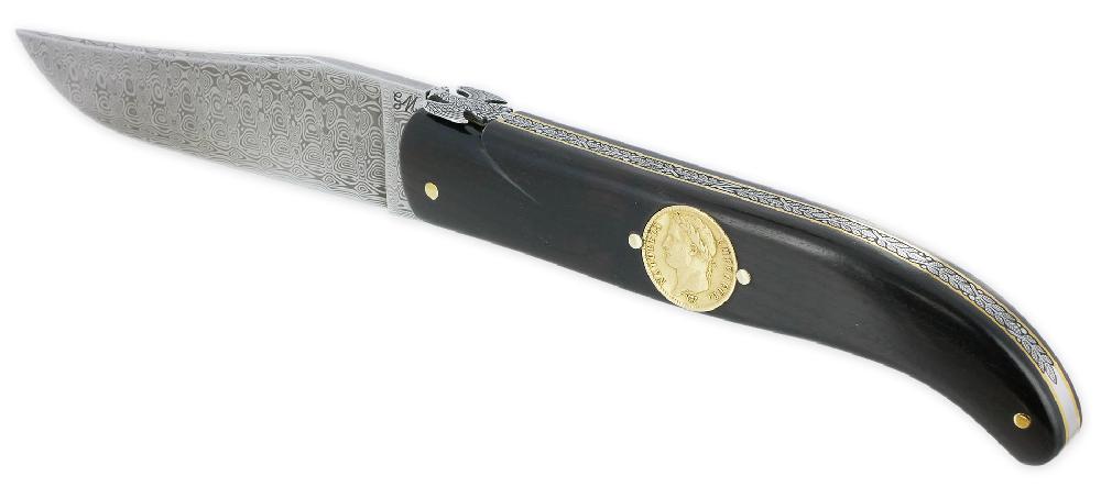Laguiole Couteau Laguiole Prestige Créateur 1 Pièce 15 Cm Incrustation Monnaie 20 Francs Napoléon OR Plein Manche Ebène Lame Damas Mouche Prestige Aigle Impérial Pièce Unique