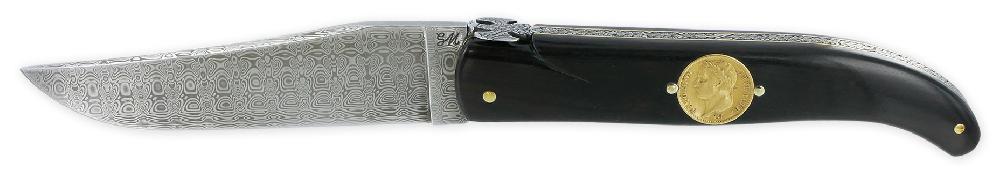 Laguiole Couteau Laguiole Prestige Créateur 1 Pièce 15 Cm Incrustation Monnaie 20 Francs Napoléon OR Plein Manche Ebène Lame Damas Mouche Prestige Aigle Impérial Pièce Unique