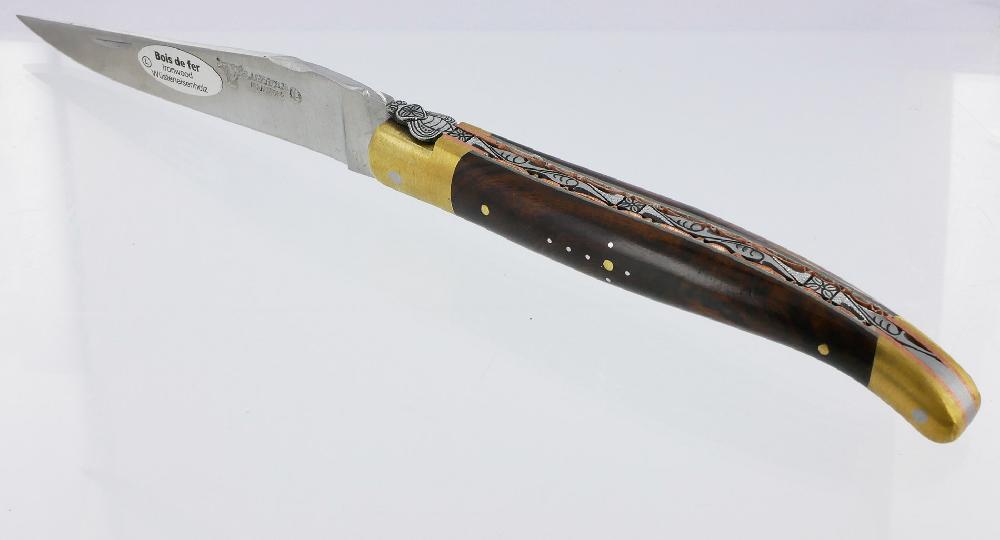 Laguiole Couteau Pliant Prestige Laguiole En Aubrac Le Bijou Manche En Loupe De Bois De Fer 2 Mitres Dorées En Laiton Platines Cuivre Mouche Prestige Lame Inox Brossé NUM2