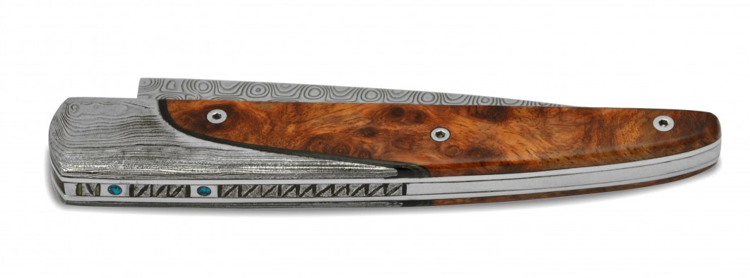 Laguiole Couteau Prestige Arbalète Coutellia Lame Damas Twist Mitres Damas Manche En Bois De Thuya 1 Pièce 12cm