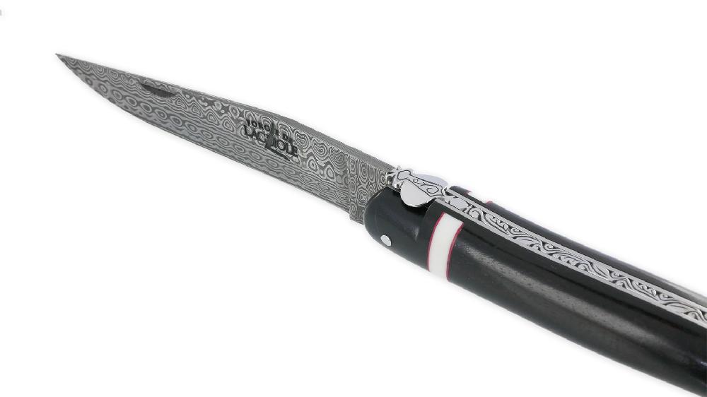 Laguiole Couteau Prestige Forge De Laguiole Rambaud Plein Manche Ebene Insertions Bagues Os Et Rouge Lame Damas