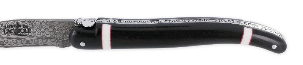 laguiole Couteau Prestige Forge de Laguiole Rambaud Plein Manche Ebene insertions bagues os et rouge Lame Damas