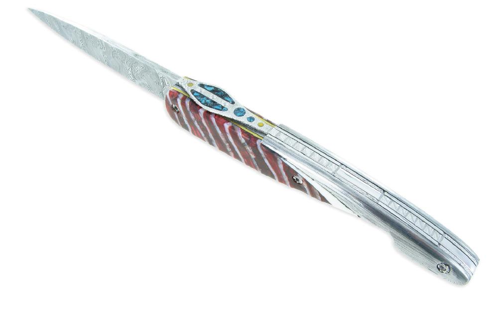 Laguiole Couteau Prestige Laguiole Arbalète Le Joyaux De La Couronne Manche En Molaire De Mammouth Rouge 1 Mitre Damas 1 Pièce 12cm