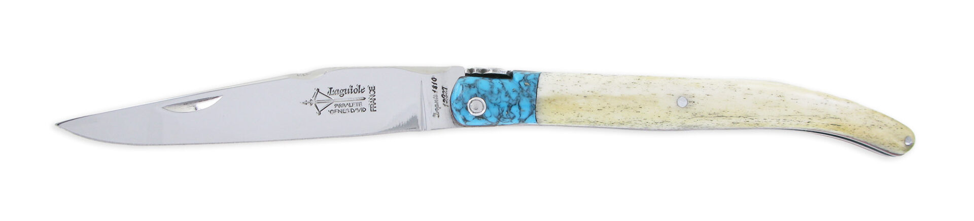 laguiole Couteau Prestige Laguiole Arbalète Manche en Os de Bovin Mitre Turquoise 1 Pièce Inox Brillant 12cm