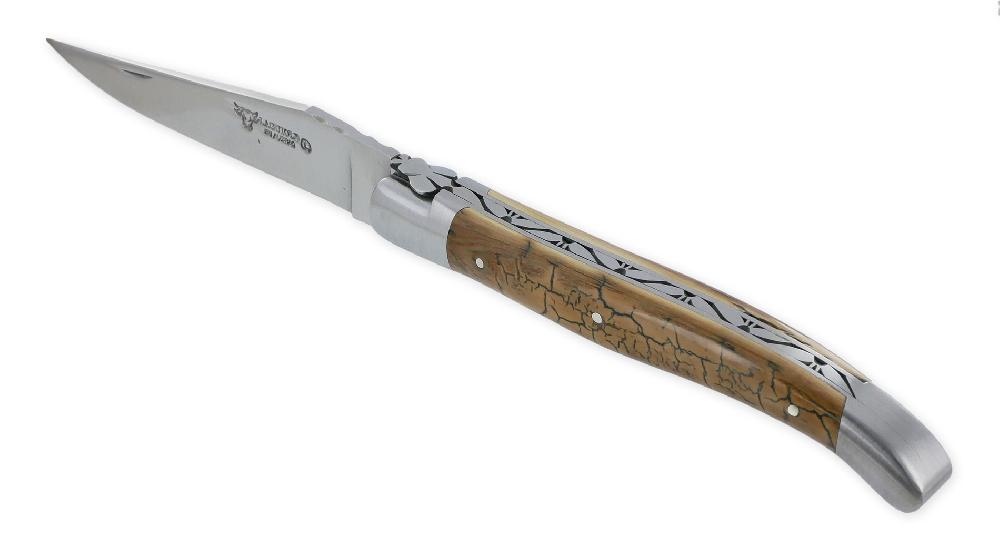 laguiole Couteau Prestige Laguiole en Aubrac 1 pièce 12cm Manche en Croute d’Ivoire de Mammouth 2 Mitres Inox Brossé Ressort Guilloché Pièce Unique