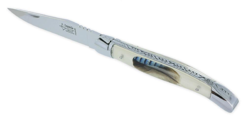 Laguiole Laguiole Arbalete Knife Acrylic Resin Handle Jay Feather Inlay Carved Spring 1 Piece 2 Bolsters Glossy Finish 12cm
