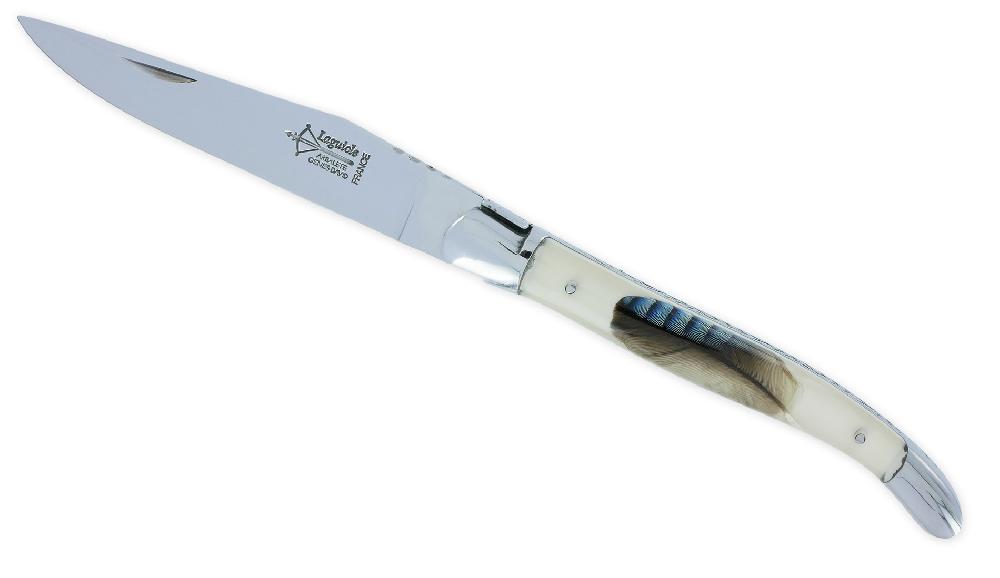 laguiole Laguiole Arbalete Knife Acrylic Resin Handle Jay Feather Inlay Carved Spring 1 Piece 2 Bolsters Glossy Finish 12cm