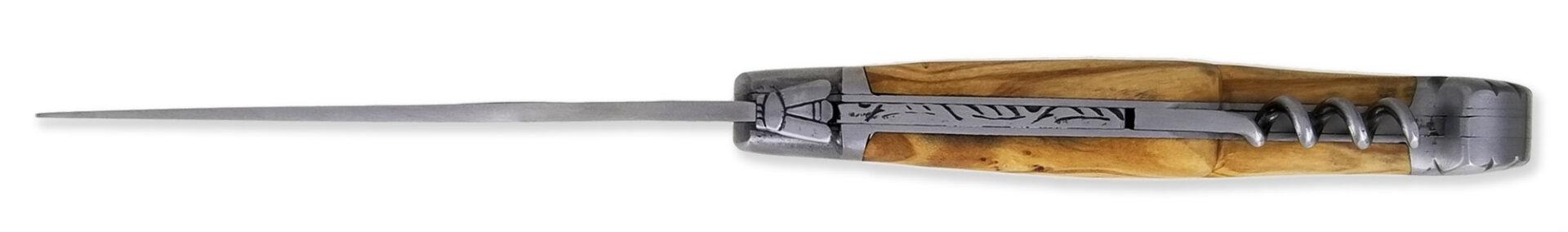 Laguiole Laguiole D’Antan Knife 2 Pieces Olive Wood Handle With Corkscrew 2 Brushed Stainless Steel Bolsters 12cm