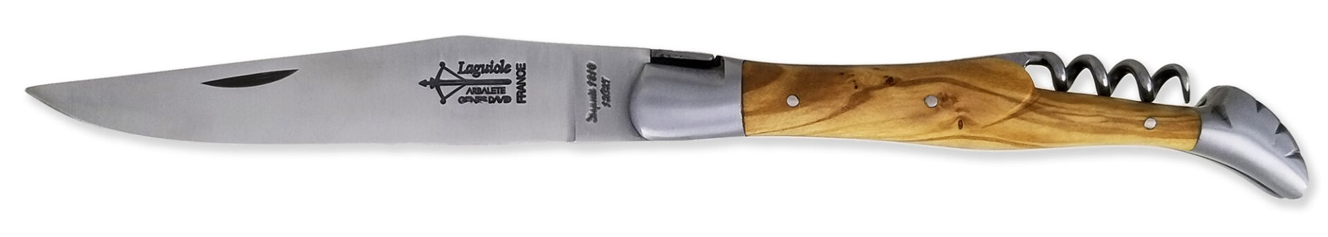 laguiole Laguiole d’Antan Knife 2 Pieces Olive Wood Handle with Corkscrew 2 Brushed Stainless Steel Bolsters 12cm