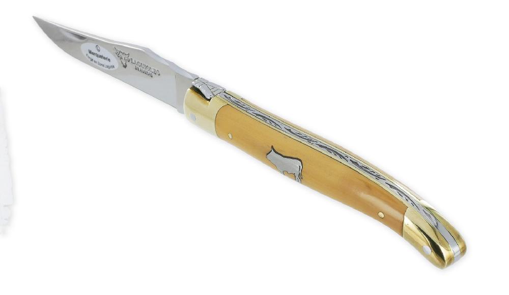 laguiole Laguiole en Aubrac Knife 1 Piece 12 cm Boxwood Handle Pewter Bull Marquetry 2 Brass Bolsters