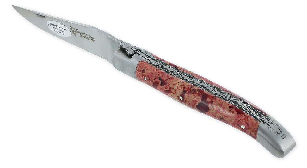 Laguiole Laguiole En Aubrac Knife 1 Piece 12 Cm Double Plates And Carved Spring Red Lava Stone Handle 2 Brushed Stainless Steel Bolsters Brushed Stainless Steel Blade