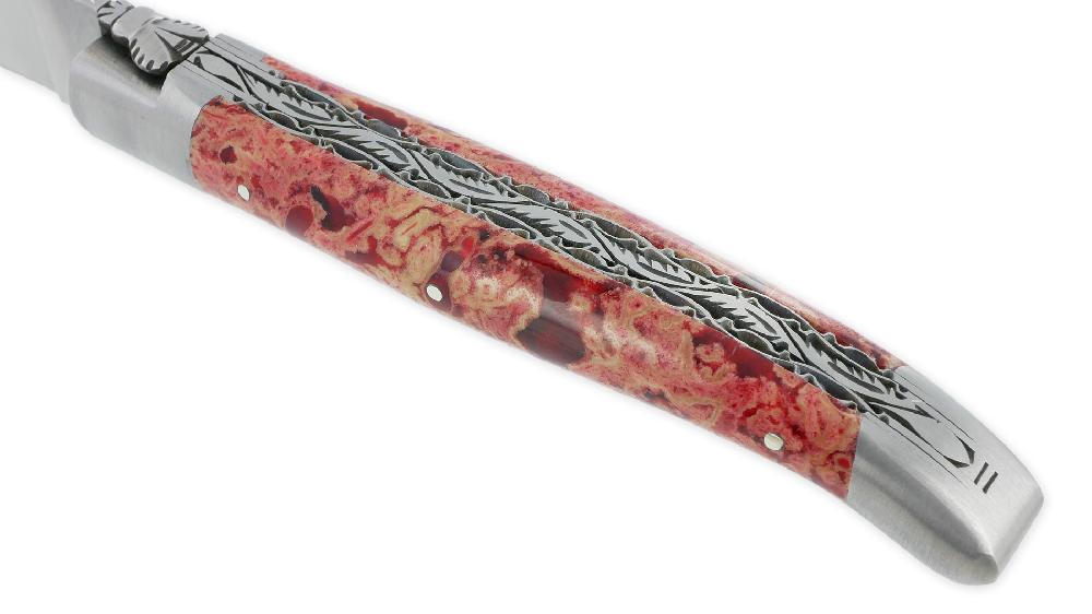 Laguiole Laguiole En Aubrac Knife 1 Piece 12 Cm Double Plates And Carved Spring Red Lava Stone Handle 2 Brushed Stainless Steel Bolsters Brushed Stainless Steel Blade