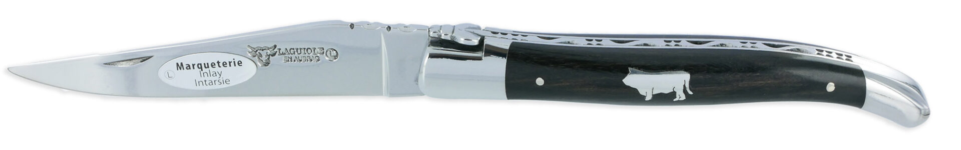 laguiole Laguiole en Aubrac Knife 1 Piece 12 cm Ebony Handle and Bull Marquetry in Tin 2 Shiny Stainless Steel Bolsters
