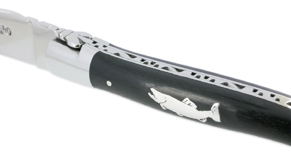 Laguiole Laguiole En Aubrac Knife 1 Piece 12 Cm Ebony Handle And Trout Marquetry In Tin 2 Shiny Stainless Steel Bolsters